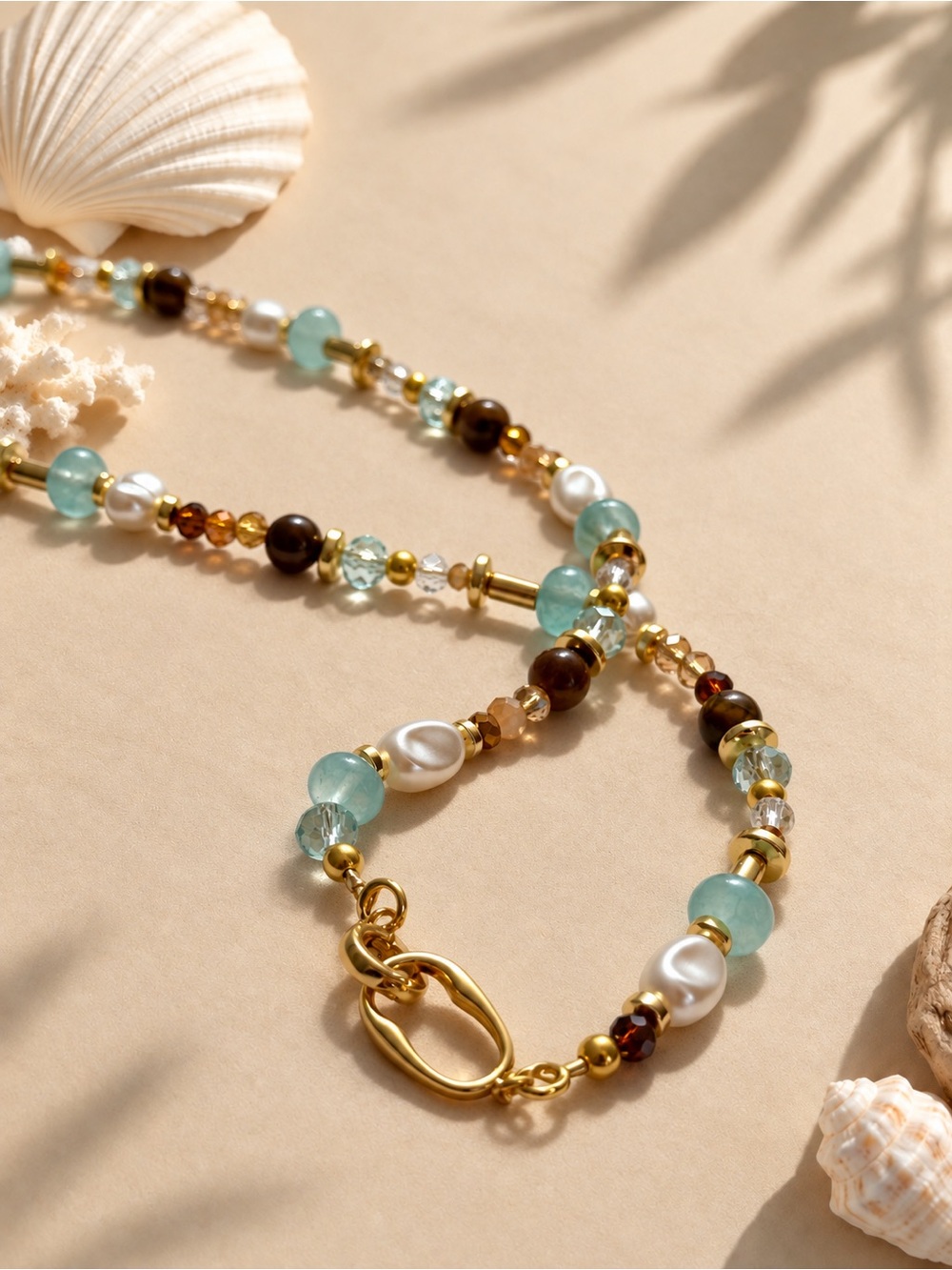 Gold-Plated Beaded Necklace with Aqua, Pearl & Brown Accents